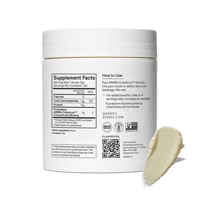 ARMRA Colostrum Powder | Unflavored| Gut Health & Bloating |Skin & Hair |Immunity | Keto, Gluten & Fat-Free |120 Servings